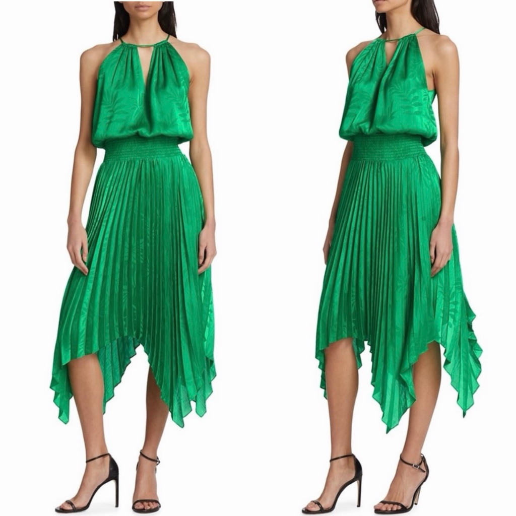 Ramy Brook Gia Palm Print Metallic Satin Jacquard Handkerchief Hem Dress Sz S